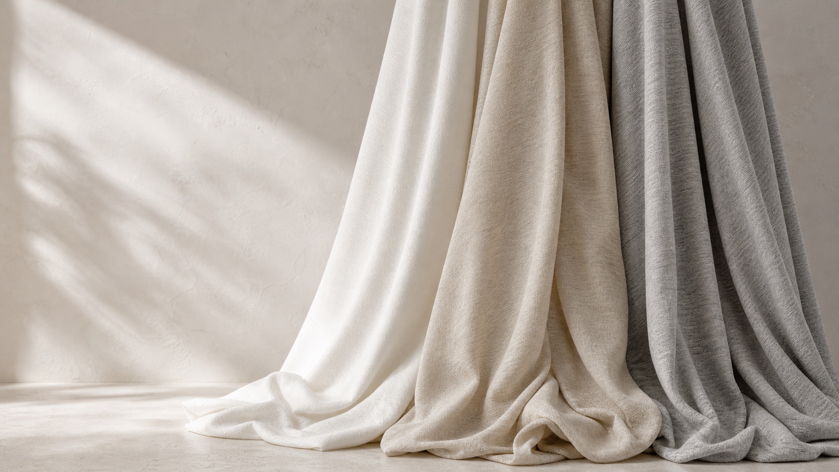 Cream, sand and grey knitted fabrics falling in soft folds
